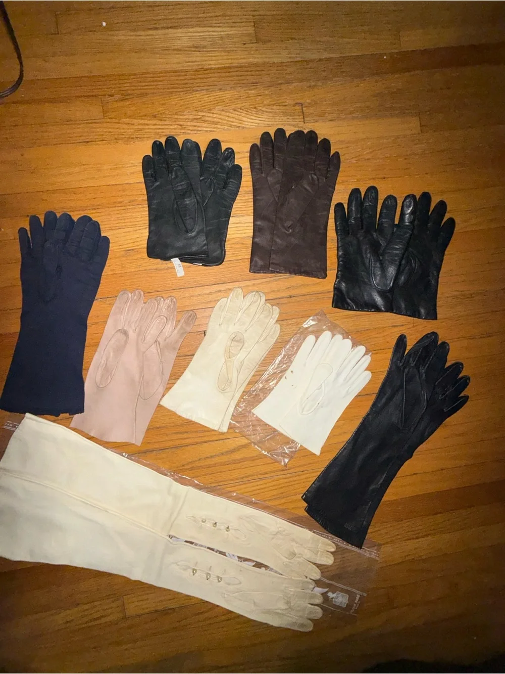 9 Pairs Vintage Mixed Gloves Lot - Black, Cream, Navy, Tan, Roger Fare
